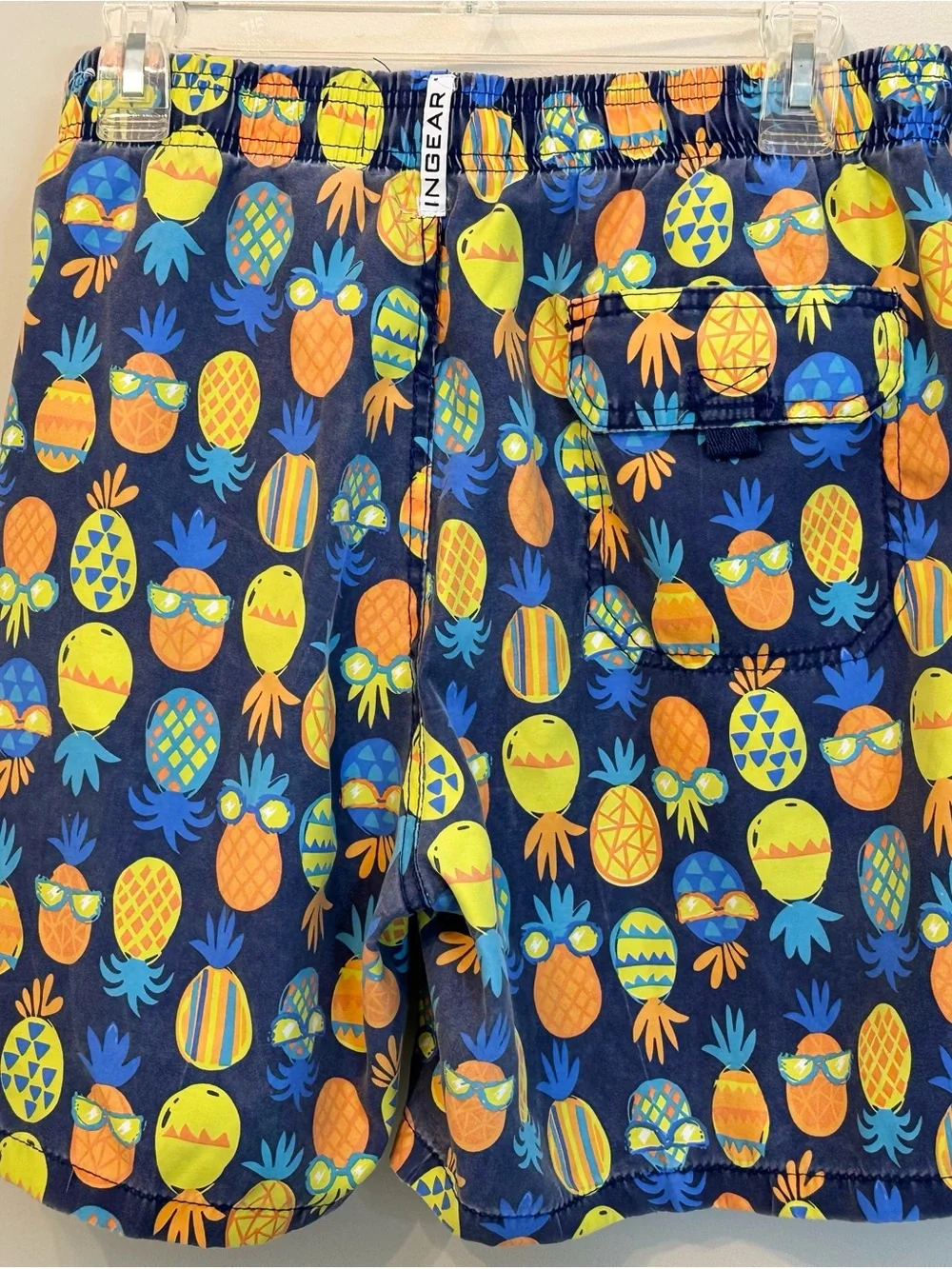 Ingear Navy Pineapple Print Swim Trunks with Yellow Drawstring